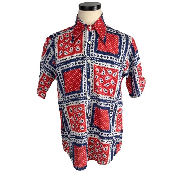 Vintage 70s Kings Road Mens Perma-Prest Short Sleeve Shirt Size M Red/Blue - Picture 1 of 8